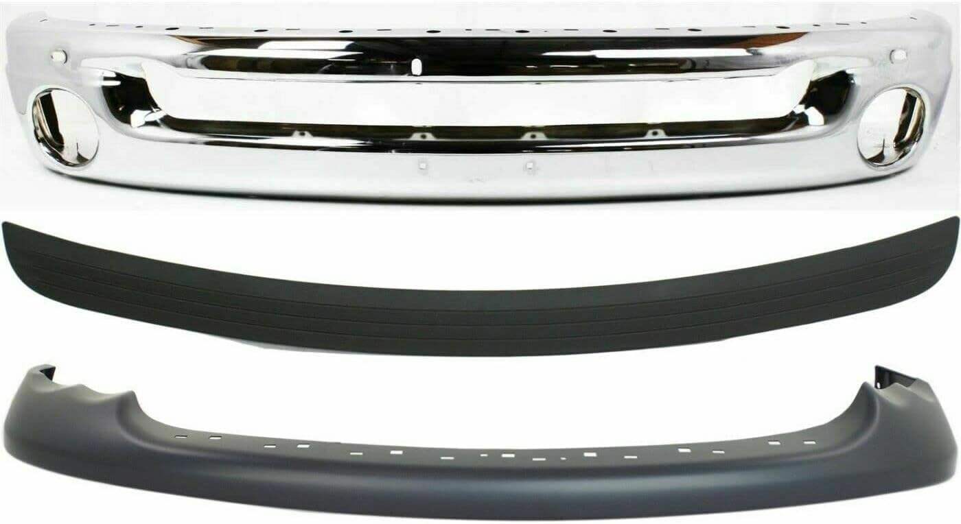 Front Bumper Face Bar Chrome + Upper Cover Primed + Molding Step Pad Direct Replacement Compatible With 2002-2005 Dodge Ram 1500 2500 3500 CH1002383 CH1000338 CH1019102 55077946AB