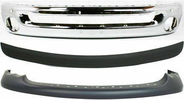 Front Bumper Face Bar Chrome + Upper Cover Primed + Molding Step Pad Direct Replacement Compatible With 2002-2005 Dodge Ram 1500 2500 3500 CH1002383 CH1000338 CH1019102 55077946AB
