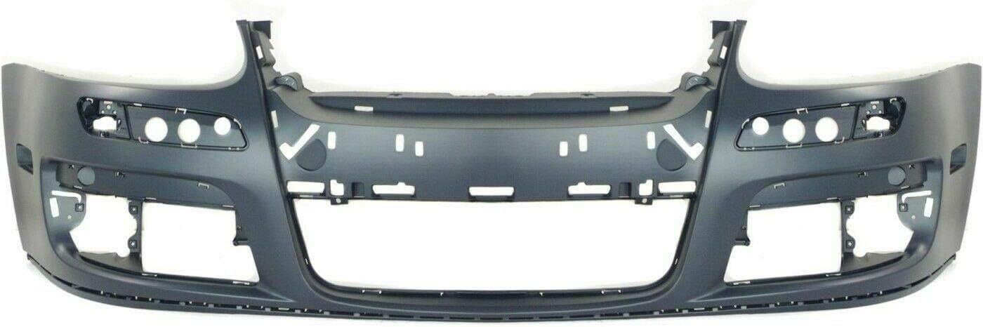 Front Bumper Cover Primed + Upper & Lower Grille + Fog Light Cover Left Driver & Right Passenger Side Direct Replacement Compatible With 2005-2010 Volkswagen Jetta VW1200139