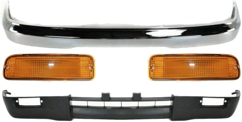 Front Bumper Chrome Steel + Lower Valance Panel Textured + Signal Lamp Left Driver & Right Passenger Side Direct Replacement Compatible With 1995-1997 Toyota Tacoma TO1002156