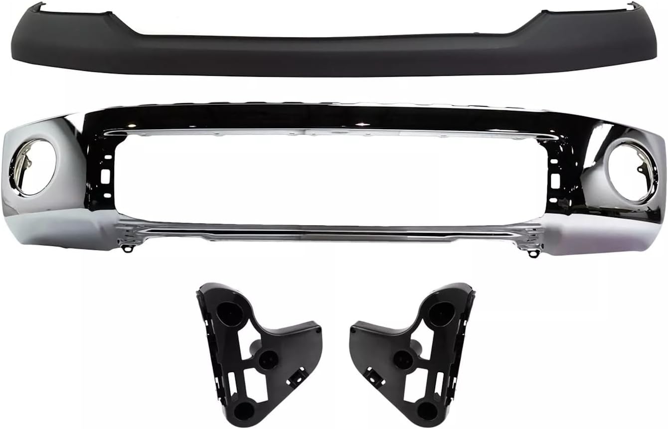 Front Bumper Face Bar Chrome Steel + Upper Cover Primed + Support Brackets Left Driver & Right Passenger Side Direct Replacement Compatible With 2007-2013 Toyota Tundra TO1002182