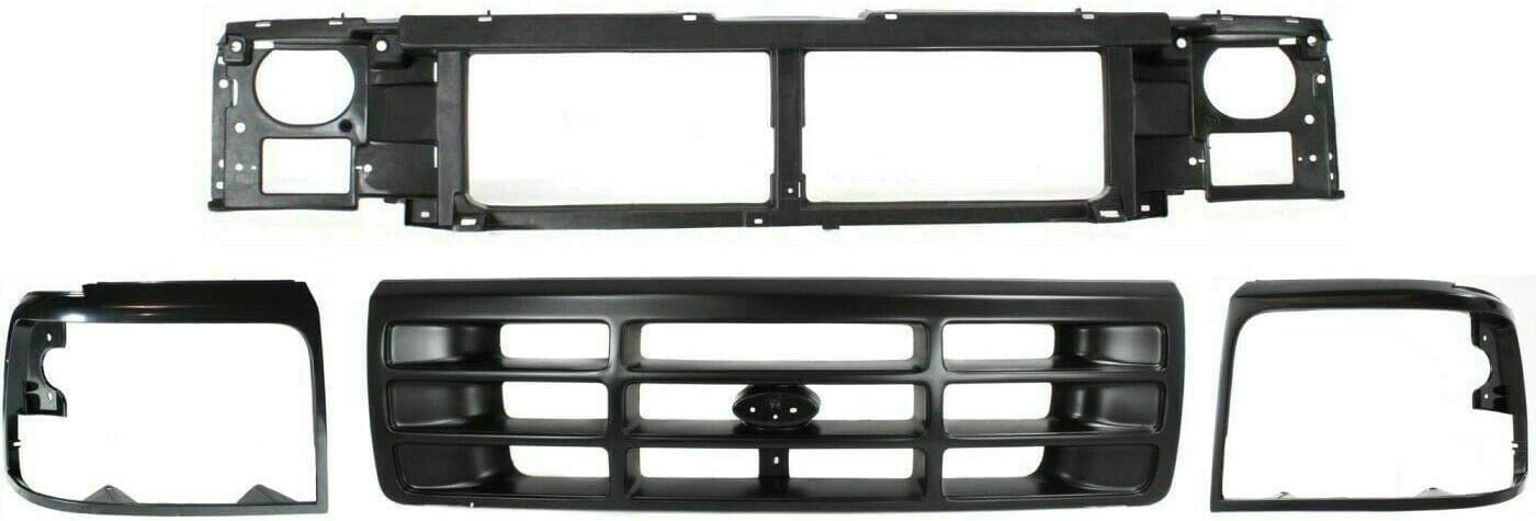 Front Header Panel + Grille + Bezels Primed Left Driver & Right Passenger Side Direct Replacement Compatible With 1992-1997 Ford F-150 F-250 F-350 FO1220113 FO1200172 FO2512131