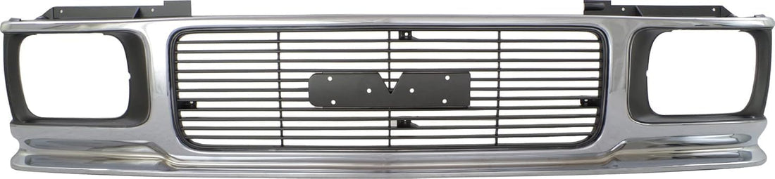 Front Grille Assembly Chrome Shell And Painted Gray Insert With Headlight Holes & Emblem Provision Direct Replacement Compatible With 1992-1994 GMC Jimmy / 1991-1993 Sonoma GM1200346