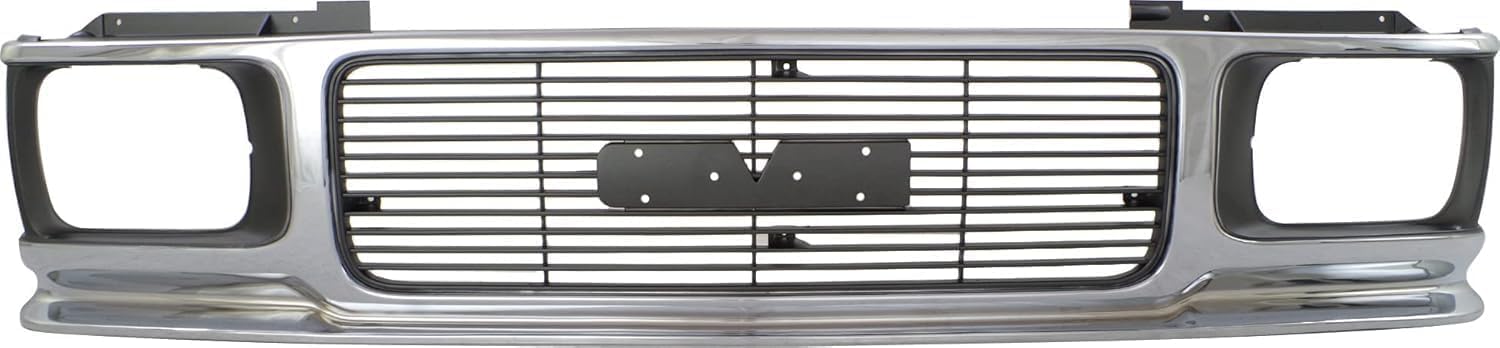 Front Grille Assembly Chrome Shell And Painted Gray Insert With Headlight Holes & Emblem Provision Direct Replacement Compatible With 1992-1994 GMC Jimmy / 1991-1993 Sonoma GM1200346