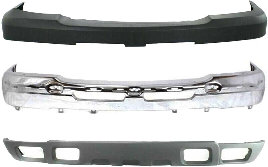 Front Bumper Face Bar Chrome Steel + Upper Cover + Lower Valance with Fog Light Holes Textured Direct Replacement For 2003-2006 Chevrolet Silverado 2500HD 3500 GM1051109 GM1002416