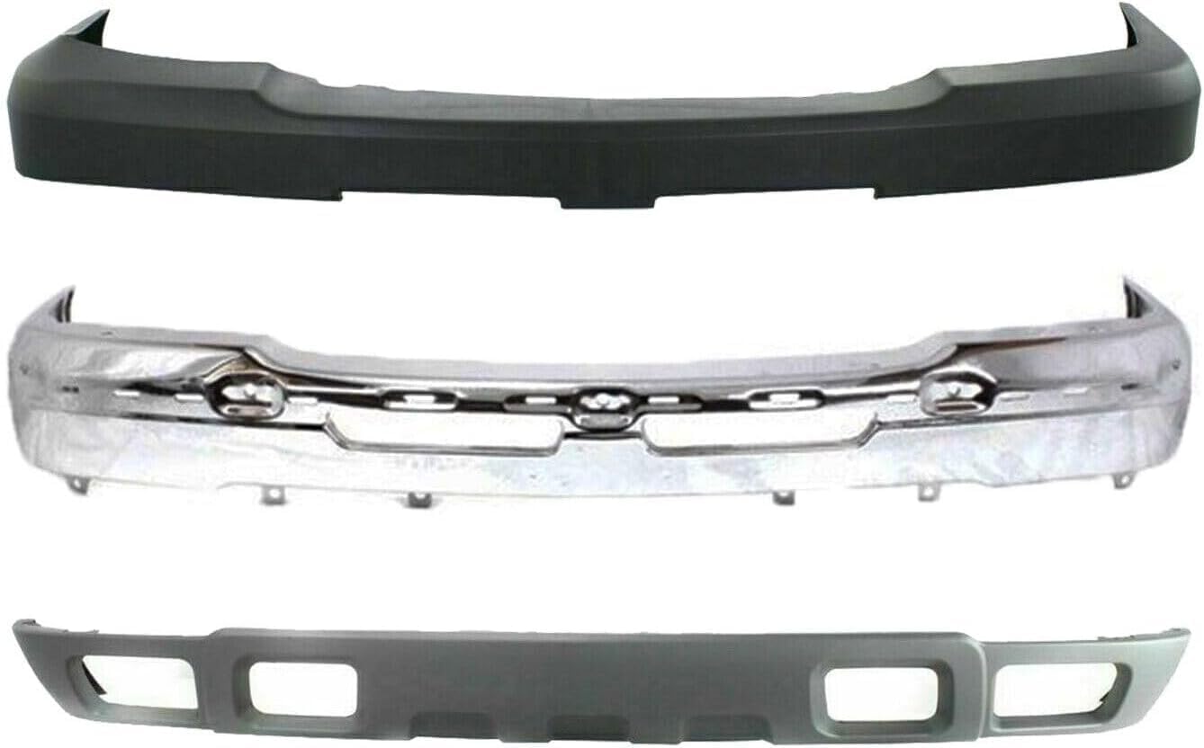 Front Bumper Face Bar Chrome Steel + Upper Cover + Lower Valance with Fog Light Holes Textured Direct Replacement For 2003-2006 Chevrolet Silverado 2500HD 3500 GM1051109 GM1002416