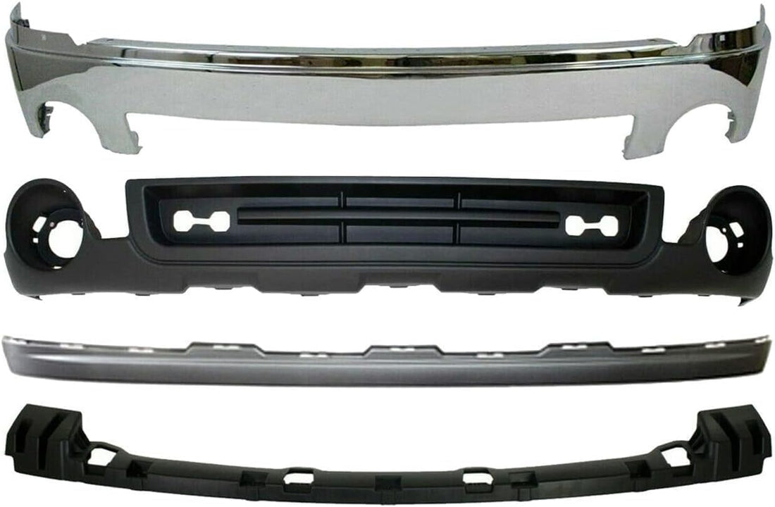 Front Bumper Chrome Steel + Lower Valance Air Deflector + Extension Textured + Cover Bracket Direct Replacement Compatible With GMC Sierra 1500 2007-2013 GM1015100 GM1092211 GM1002833