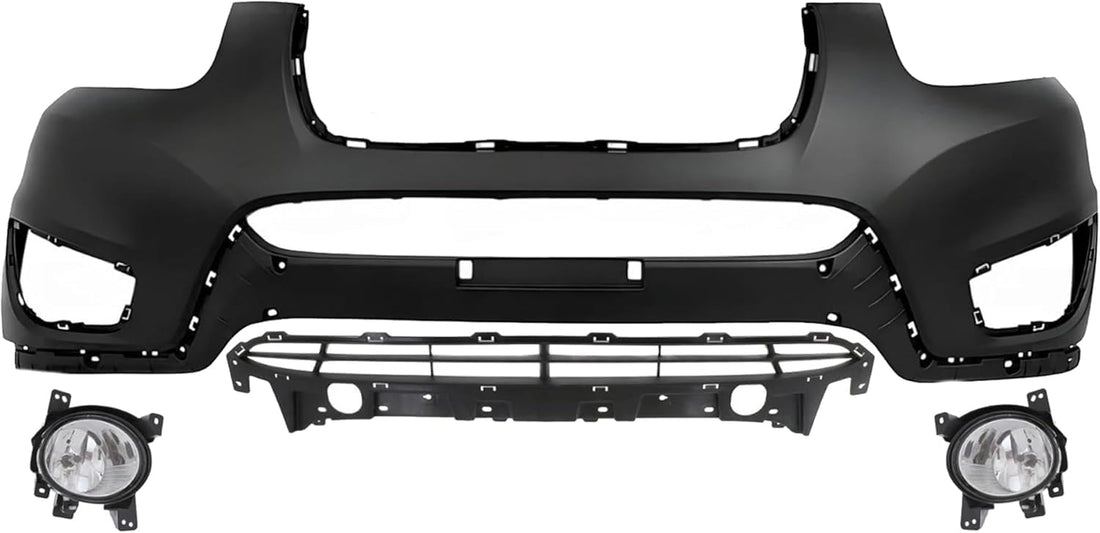 Front Bumper Cover Primed Plastic + Lower Grille + Fog Lights Left Driver & Right Passenger Side Direct Replacement Compatible with 2010-2012 Hyundai Santa Fe