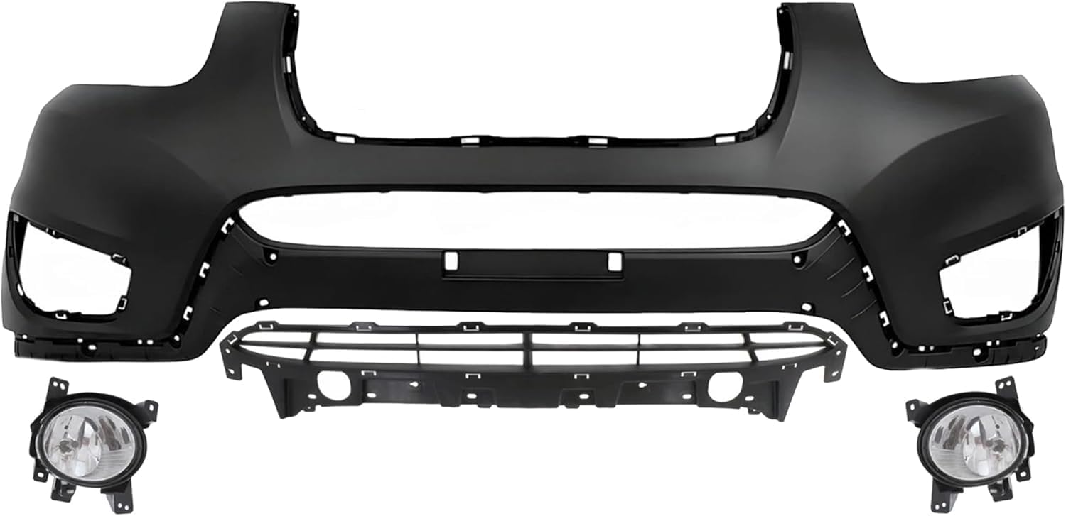 Front Bumper Cover Primed Plastic + Lower Grille + Fog Lights Left Driver & Right Passenger Side Direct Replacement Compatible with 2010-2012 Hyundai Santa Fe
