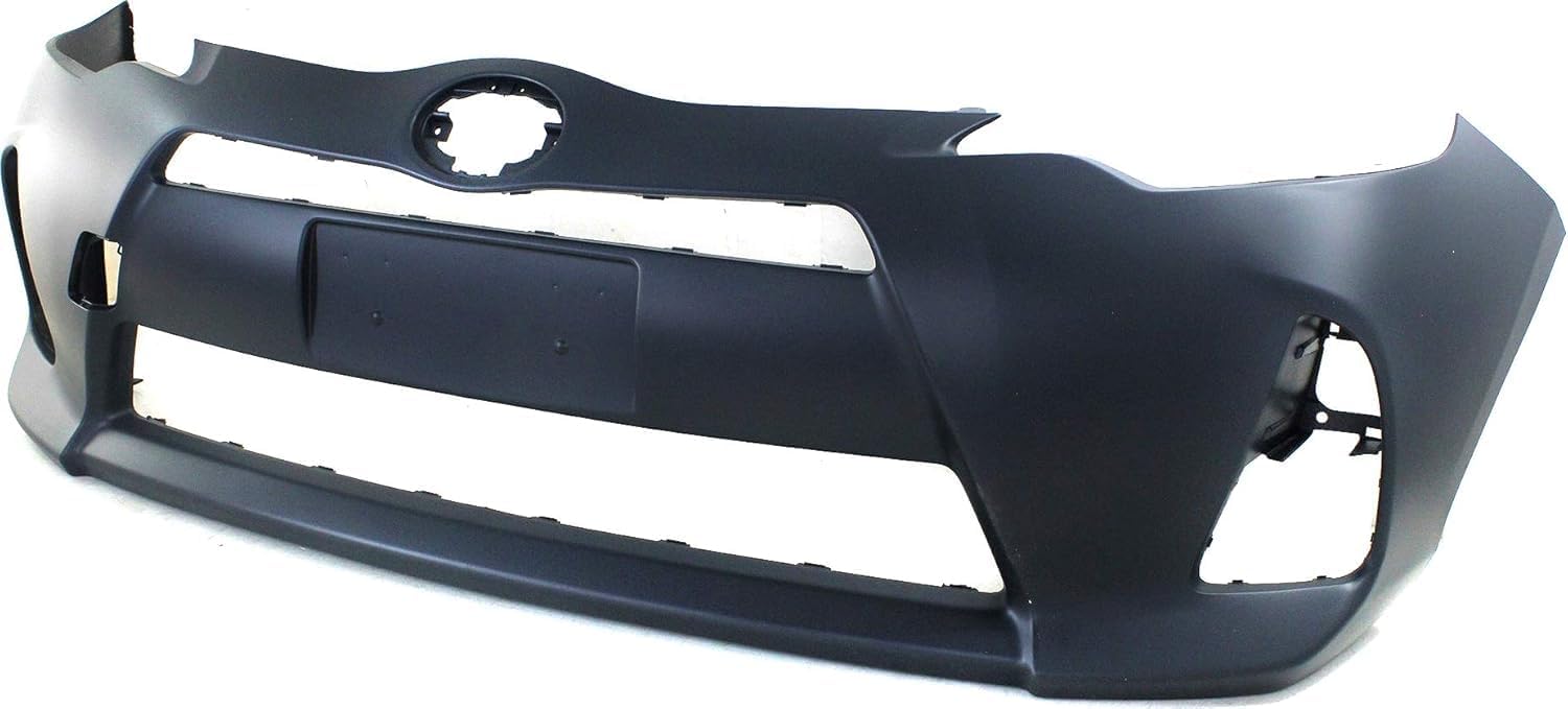 Front Bumper Cover Primed Plastic + Lower Grille + Fog Lights + Trim Left Driver & Right Passenger Side Direct Replacement Compatible With 2012-2014 Toyota Prius C