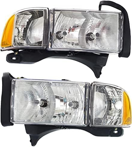 Set Of 2 Front Head Lamp Halogen With Corner Light Left Driver & Right Passenger Side Direct Replacement Compatible With 1999-2002 Dodge Ram 1500 2500 3500 55077025AC 55077025AG