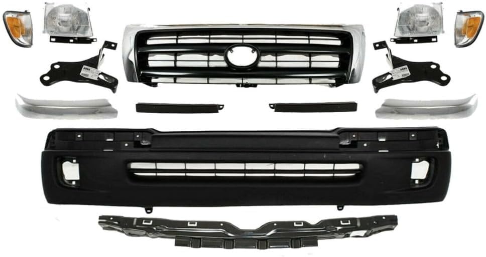 Front Bumper Cover + Reinforcement + Grille + Headlight Filler + Brackets + End Trims + Corner & Head Lights LH And RH Side Direct Replacement Compatible With 1998-2000 Toyota Tacoma