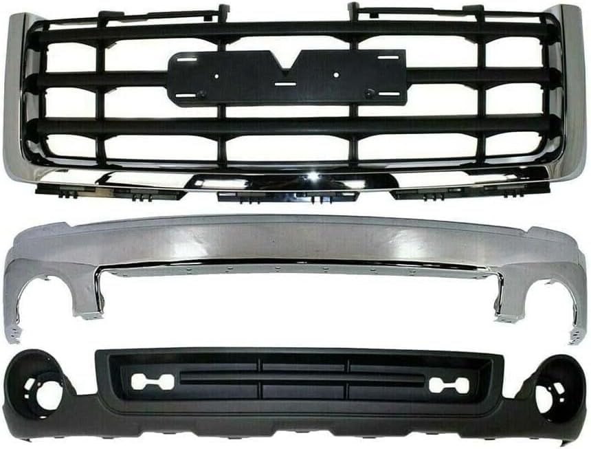 Front Bumper Steel + Grille Chrome Shell With Primed Insert + Lower Valance Air Deflector Textured Direct Replacement Compatible With GMC Sierra 1500 2007-2013 GM1015100 GM1002833