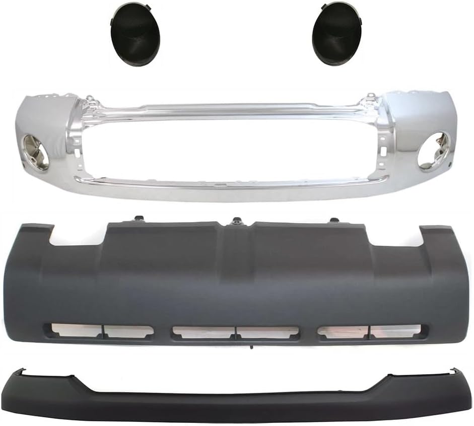Front Bumper Face Bar Chrome Steel + Upper Cover + Lower Valance Panel + Fog Lamp Covers Left Driver & Right Passenger Side Direct Replacement Compatible With 2007-2009 Toyota Tundra