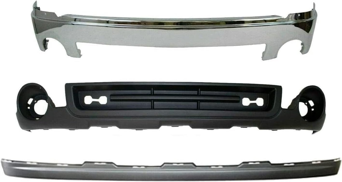 Front Bumper Chrome Steel + Lower Valance Air Deflector + Extension Textured Direct Replacement Compatible With GMC Sierra 1500 2007-2013 GM1015100 GM1002833 GM1092211 15901505