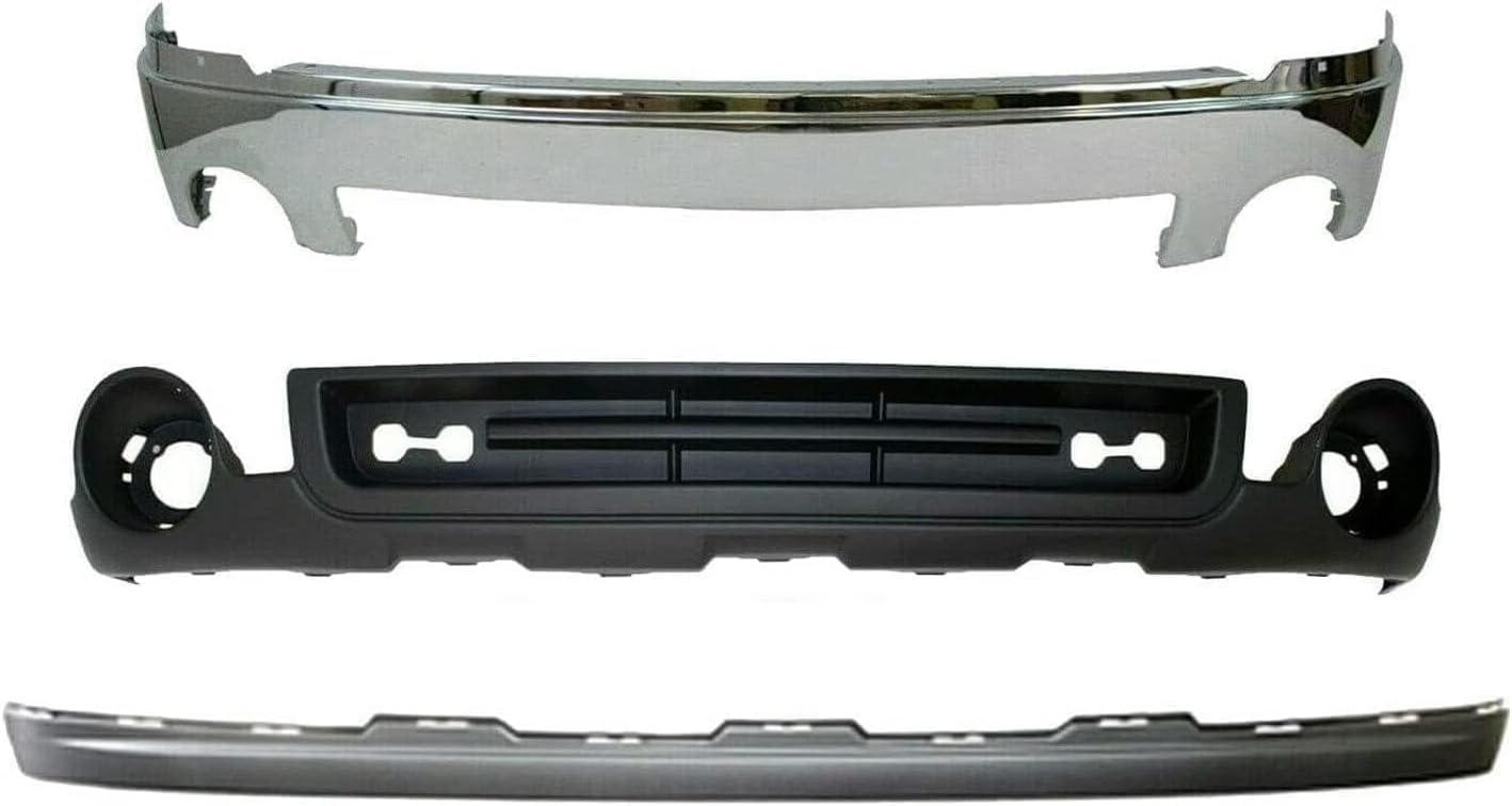 Front Bumper Chrome Steel + Lower Valance Air Deflector + Extension Textured Direct Replacement Compatible With GMC Sierra 1500 2007-2013 GM1015100 GM1002833 GM1092211 15901505