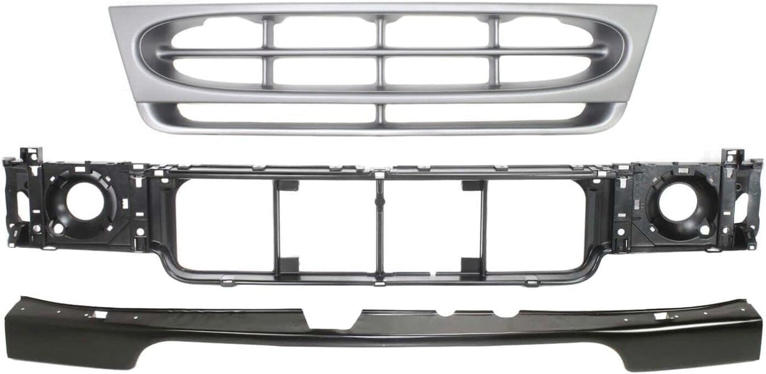 AUTOS PARTS PLUS Front Grille Silver Shell & Insert + Header Panel ABS Plastic + Bumper Filler Stone Deflector Primed Direct Replacement Compatible With 1997-2002 Ford E- Class FO1200338 FO1092175