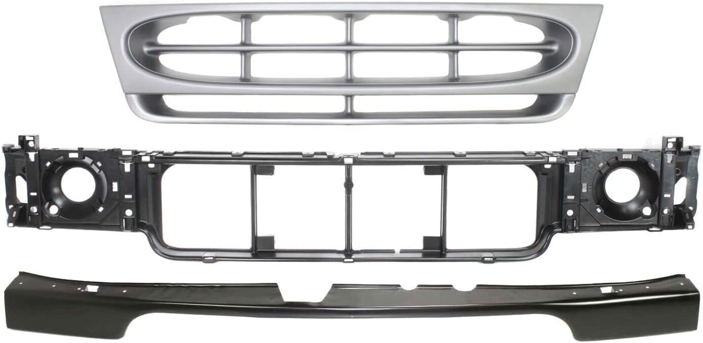 AUTOS PARTS PLUS Front Grille Silver Shell & Insert + Header Panel ABS Plastic + Bumper Filler Stone Deflector Primed Direct Replacement Compatible With 1997-2002 Ford E- Class FO1200338 FO1092175