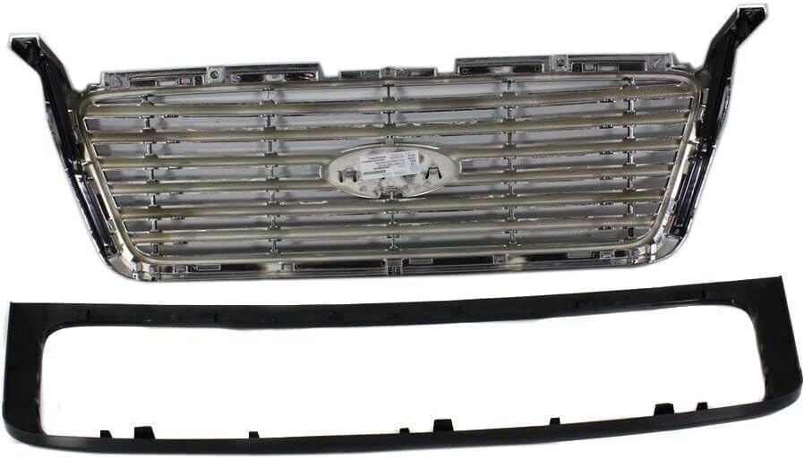Front Grille Primed Shell And Chrome Billet Style Bar Insert Direct Replacement Compatible With 2006-2008 Ford F-150 FO1200517 6L3Z8200APTM