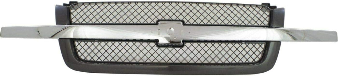 Front Bumper Chrome Steel + Grille + Upper Cover + Lower Valance Air Deflector Textured Direct Replacement Compatible With 2003-2006 Chevrolet Silverado 1500 GM1051110 GM1200489