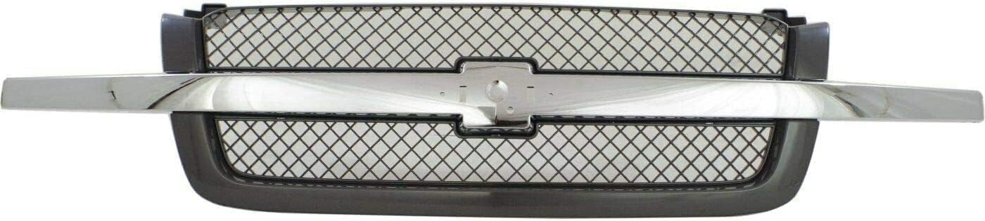 Front Bumper Chrome Steel + Grille + Upper Cover + Lower Valance Air Deflector Textured Direct Replacement Compatible With 2003-2006 Chevrolet Silverado 1500 GM1051110 GM1200489
