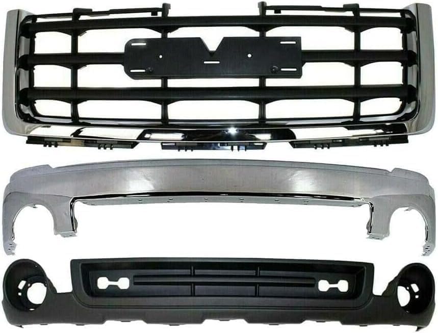 Front Bumper + Grille Chrome Shell With Painted Black Insert + Upper Cover Primed + Bracket + Lower Valance Textured Direct Replacement Compatible With 2007-2013 GMC Sierra 1500