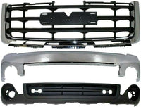 Front Bumper + Grille Chrome Shell With Painted Black Insert + Upper Cover Primed + Bracket + Lower Valance Textured Direct Replacement Compatible With 2007-2013 GMC Sierra 1500