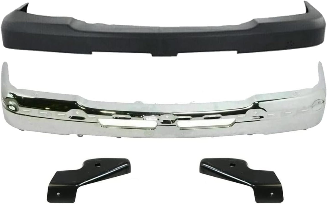 Front Bumper Chrome + Upper Cover Textured + Outer Brackets Left Driver & Right Passenger Side Direct Replacement Compatible With 2003-2006 Chevrolet Silverado 1500 2500HD 3500