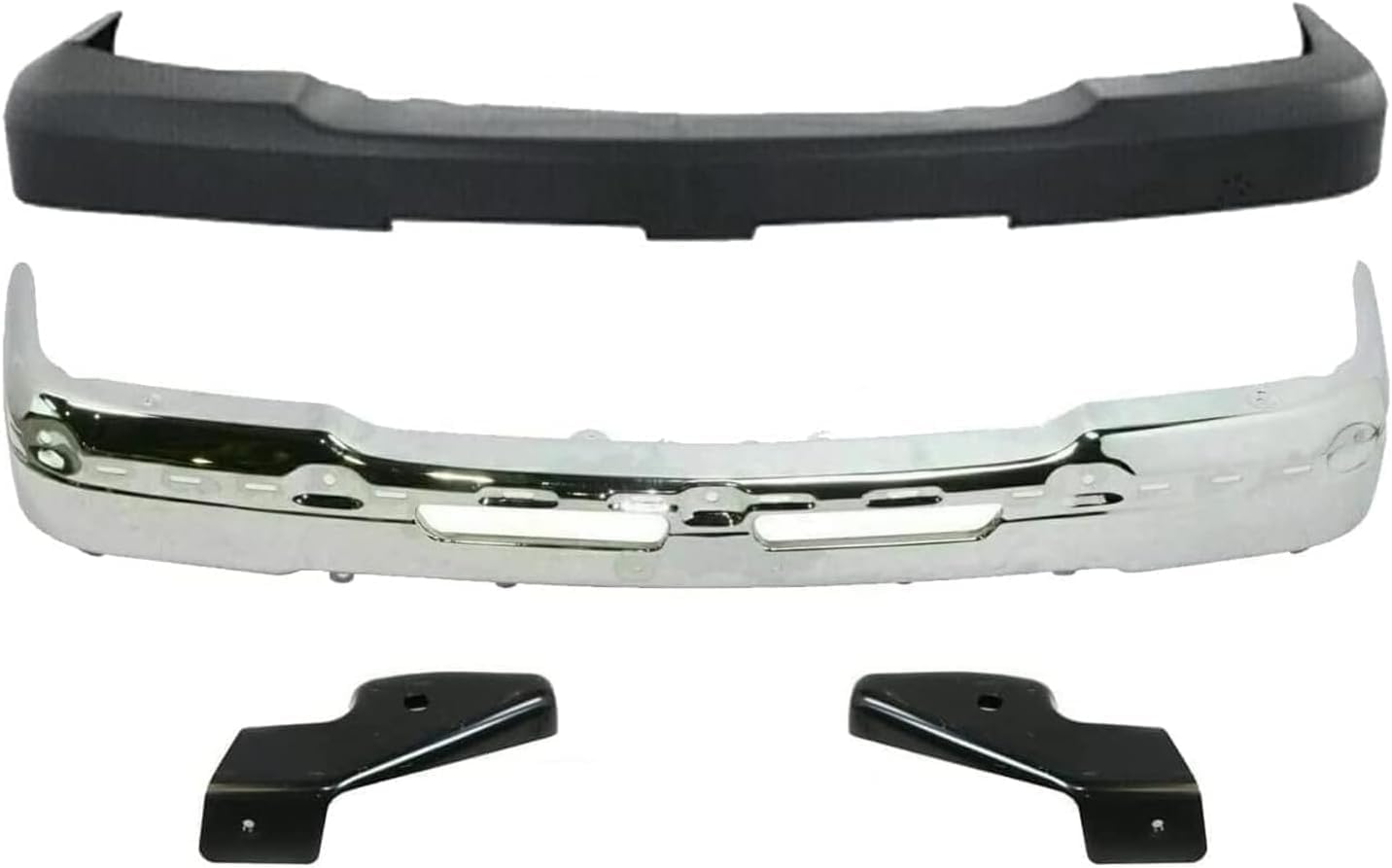 Front Bumper Chrome + Upper Cover Textured + Outer Brackets Left Driver & Right Passenger Side Direct Replacement Compatible With 2003-2006 Chevrolet Silverado 1500 2500HD 3500