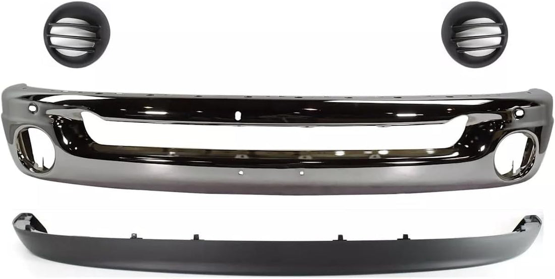 Front Bumper Chrome Steel + Lower Valance Air Deflector Textured + Fog Light Cover Left & Right Side Direct Replacement Compatible With 2002-2009 Dodge Ram 1500/2003-2009 2500 3500