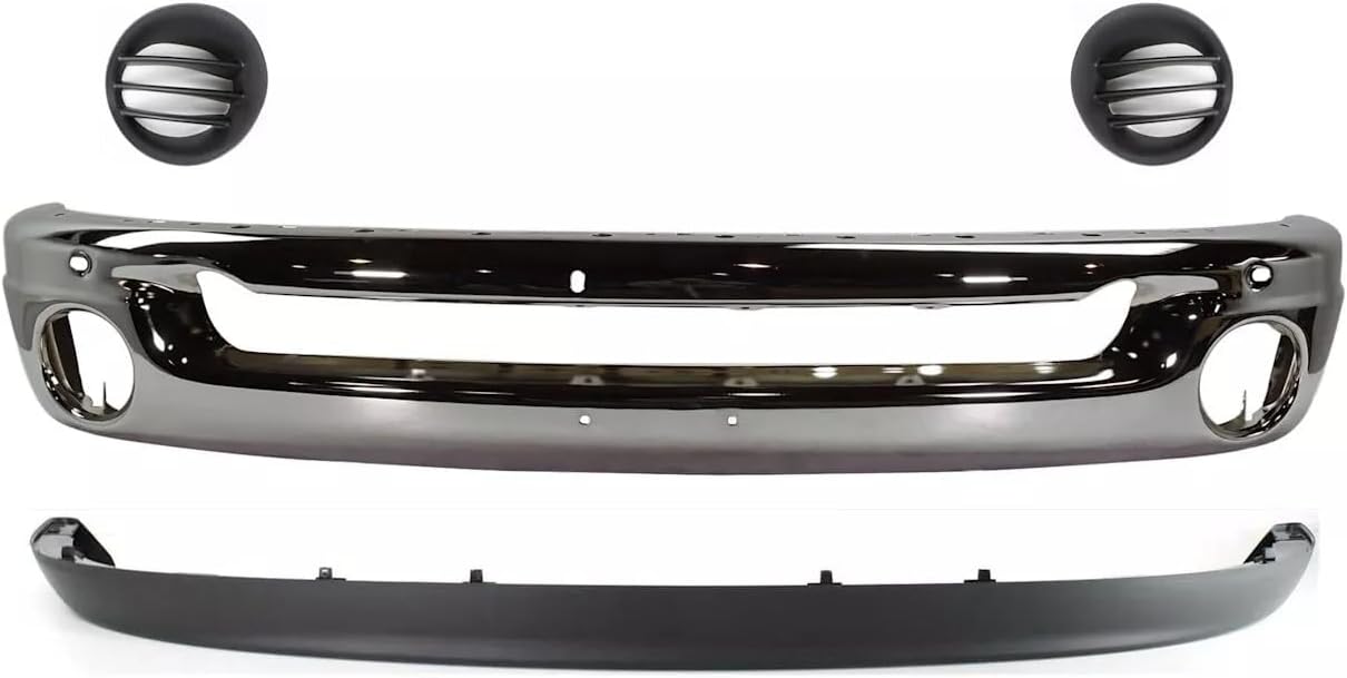 Front Bumper Chrome Steel + Lower Valance Air Deflector Textured + Fog Light Cover Left & Right Side Direct Replacement Compatible With 2002-2009 Dodge Ram 1500/2003-2009 2500 3500