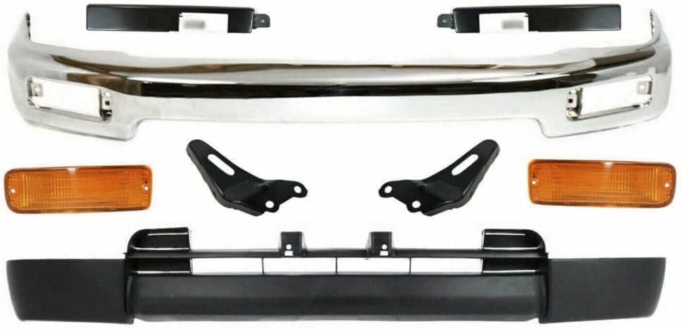 Front Bumper Chrome Steel + Lower Valance Primed + Brackets + Signal Lamps + Fillers Left Driver and Right Passenger Side Direct Replacement Compatible With Toyota 4Runner 1996-1998