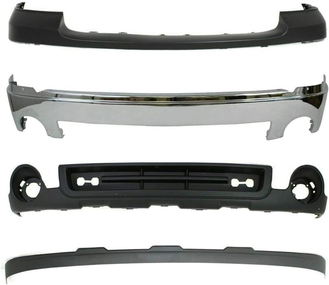 Front Bumper Chrome Steel + Upper Cover Primed + Lower Valance Air Deflector + Extension Textured Direct Replacement Compatible With GMC Sierra 1500 2007-2013 GM1015100