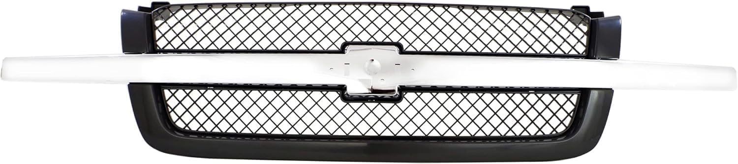 Front Grille With Chrome Center Bar + Header Panel + Headlights + Signal Lights + Bracket Left & Right Side Direct Replacement Compatible With 2002-2006 Chevrolet Avalanche 1500 2500