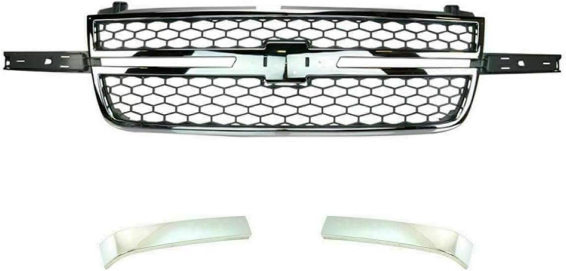 Front Grille + Chrome Moldings + Signal Lamp + Head Lights + Support Brackets Right & Left Side Direct Replacement Compatible With Chevrolet Silverado 2500HD 3500 2003-2006 GM1200546