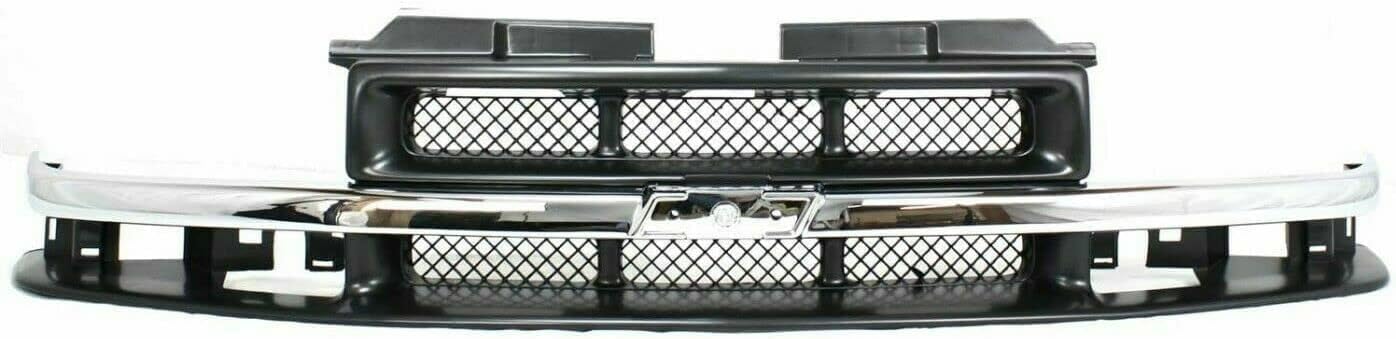 Front Grille Primed With Chrome Center Bar + Signal Lamp + Head Lights Left Driver & Right Passenger Side Direct Replacement Compatible With 1998-2004 Chevrolet S10/Blazer GM1200419