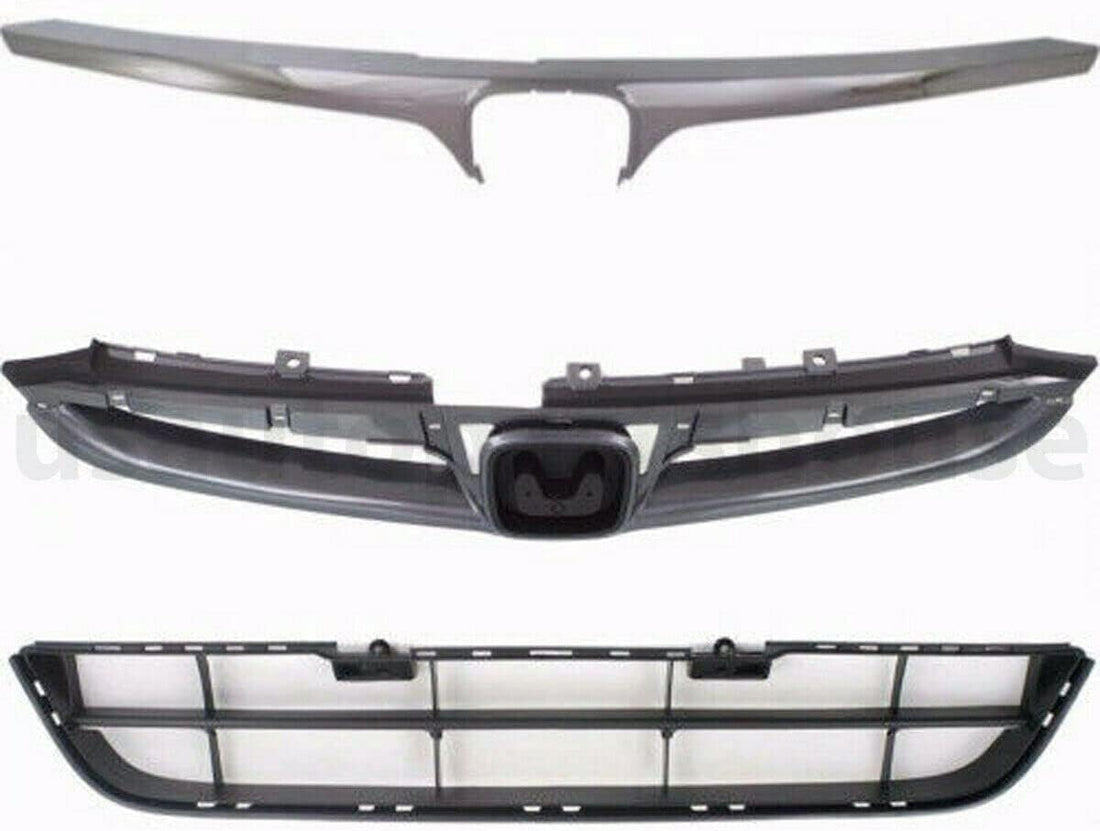 Front Upper Textured + Lower Primed Grille + Chrome Molding Direct Replacement Compatible With 2006-2007 Honda Accord HO1200179 HO1210118 HO1036101 71121SDAA10ZA 71122SDAA10