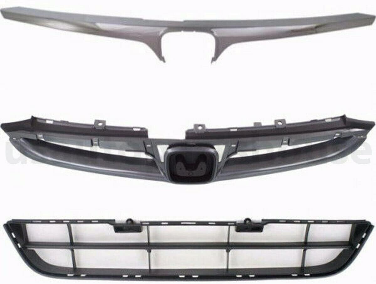 Front Upper Textured + Lower Primed Grille + Chrome Molding Direct Replacement Compatible With 2006-2007 Honda Accord HO1200179 HO1210118 HO1036101 71121SDAA10ZA 71122SDAA10