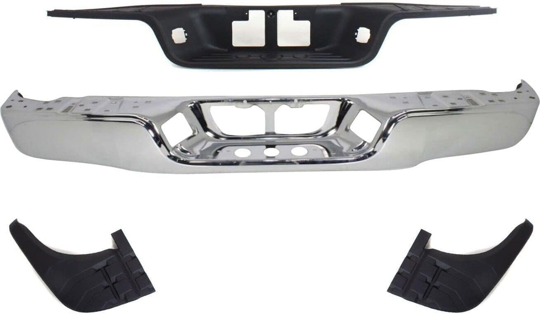 AUTOS PARTS PLUS Rear Bumper Face Bar Chrome Steel + Step Pad Textured + Extensions Right Passenger & Left Driver Side Direct Replacement Compatible With 2007-2013 Toyota Tundra TO1102244 TO1191101