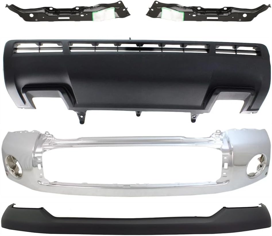 Front Bumper Face Bar Chrome Steel + Upper Cover + Lower Valance Panel + Outer Retainers Left Driver & Right Passenger Side Direct Replacement Compatible With 2010-2013 Toyota Tundra