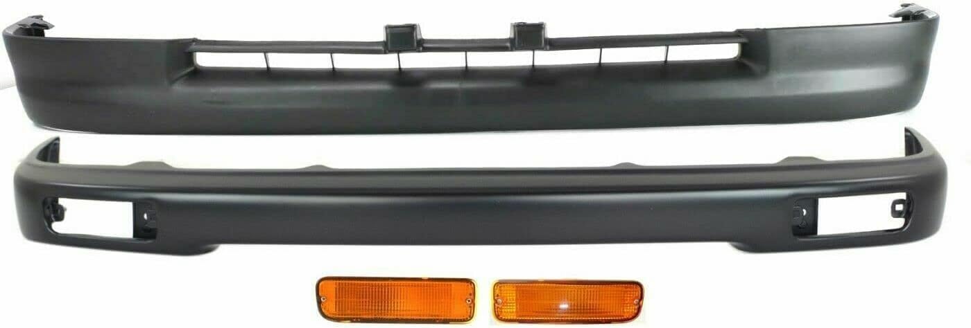 Front Bumper Primed Steel + Lower Valance Panel Textured + Signal Lights Left Driver & Right Passenger Side Direct Replacement Compatible With 1995-1997 Toyota Tacoma TO1002153