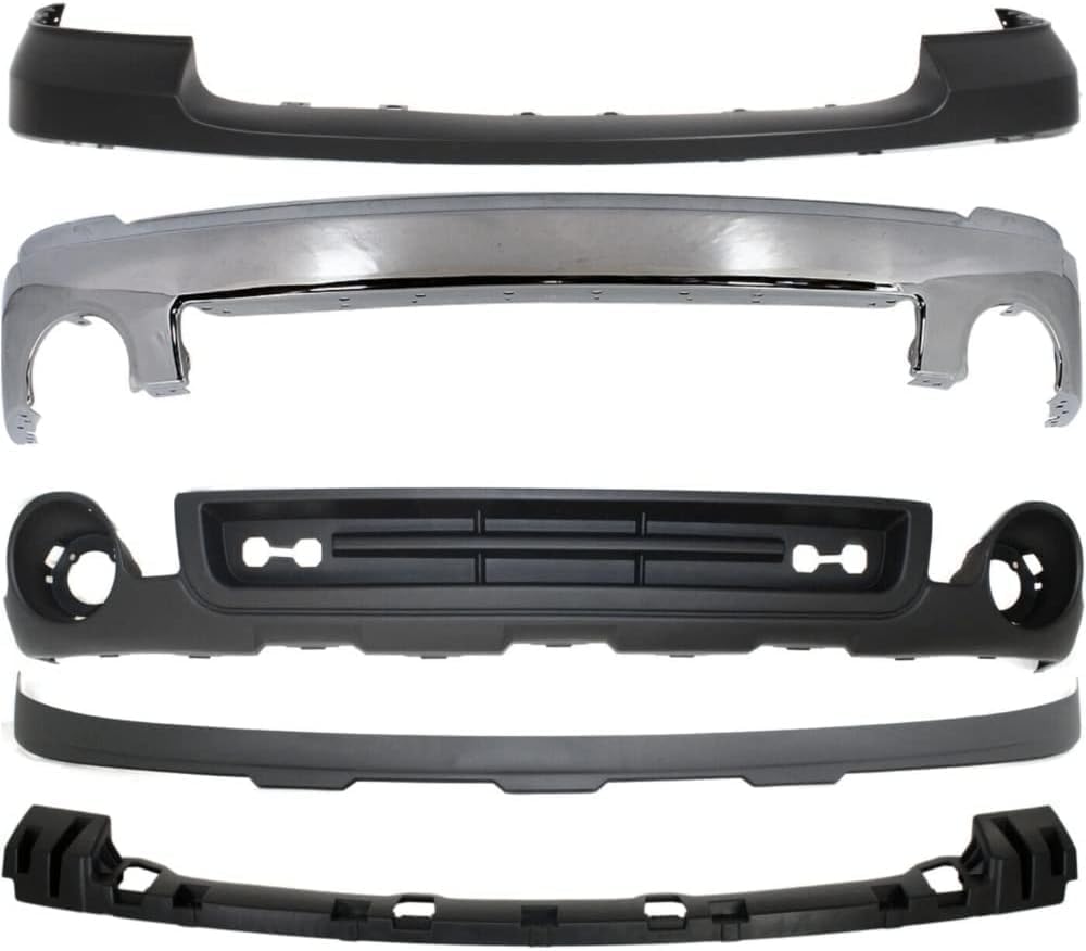 Front Bumper Chrome + Upper Cover Primed + Bracket + Lower Valance + Extension Textured Direct Replacement Compatible With GMC Sierra 1500 2007-2013 GM1015100 GM1092211 GM1014102