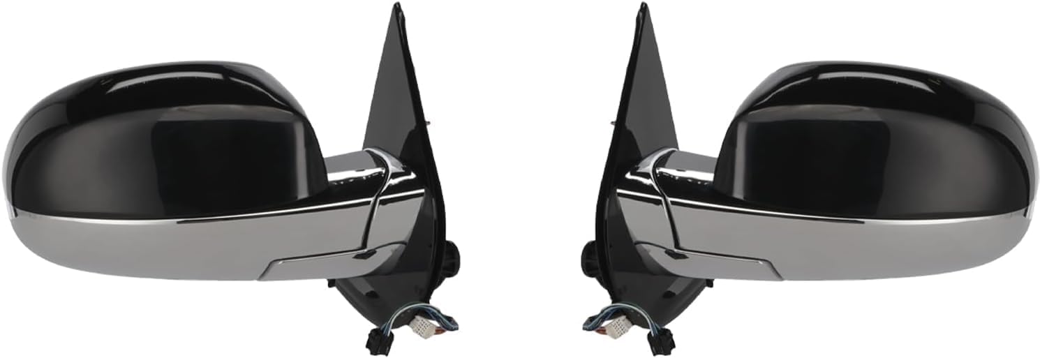 Set of 2 Front Power Mirrors Folding Heated Chrome Body With Primed Cap Left Driver & Right Passenger Side Direct Replacement Compatible With 2007-2014 Cadillac Escalade 25776162