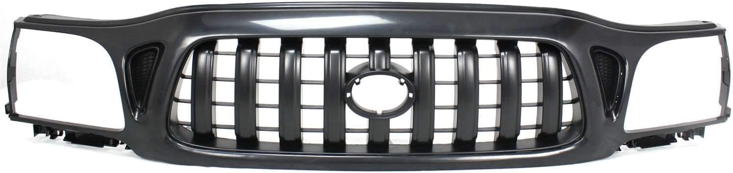 Front Grille Primed Shell & Insert + Headlights + Fillers + Corner Lamps Left Driver And Right Passenger Side Direct Replacement Compatible With 2001-2004 Toyota Tacoma