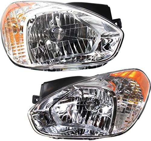 Front Bumper + Upper & Lower Grille Primed + Head Light + Fog Lamp Left Driver & Right Passenger Side Direct Replacement Compatible With 2007-2011 Hyundai Accent