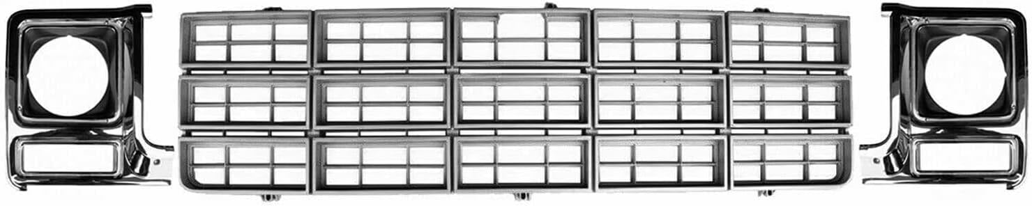 Front Grille Argent Shell And Insert + Head Lights Door Bezel Chrome Left & Right Side Direct Replacement Compatible With 1979-1980 Chevrolet/GMC C/K Series/Suburban
