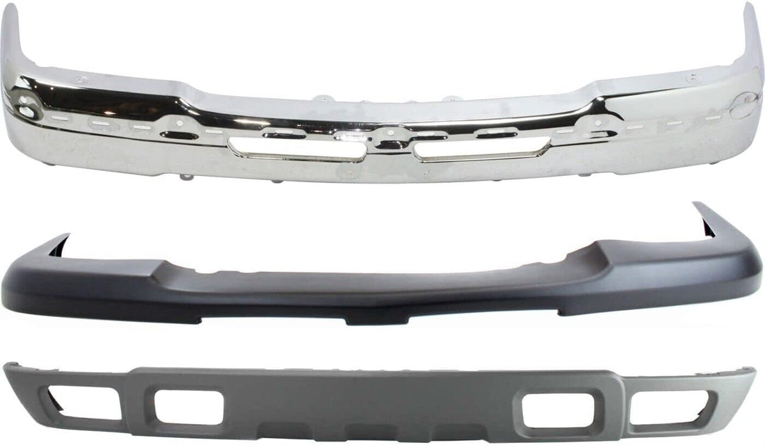 Front Bumper Face Bar Chrome Steel + Upper Cover + Lower Valance Textured Gray Direct Replacement Compatible With 2002-2006 Chevrolet Silverado 1500 GM1002416 GM1051110