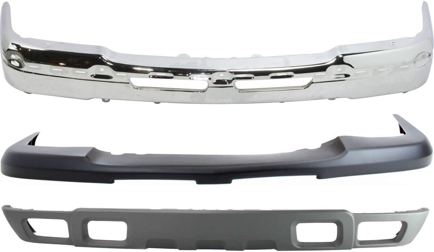 Front Bumper Face Bar Chrome Steel + Upper Cover + Lower Valance Textured Gray Direct Replacement Compatible With 2002-2006 Chevrolet Silverado 1500 GM1002416 GM1051110