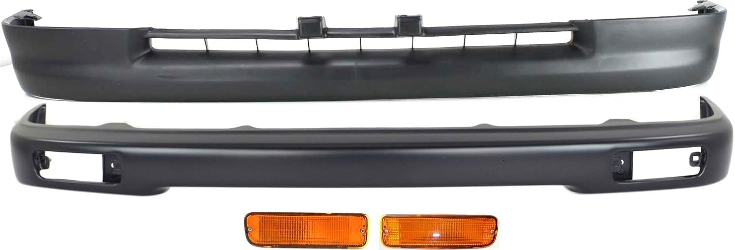Front Bumper Primed Steel + Lower Valance Panel Textured + Signal Lights Left Driver & Right Passenger Side Direct Replacement Compatible With 1995-1997 Toyota Tacoma TO1002153