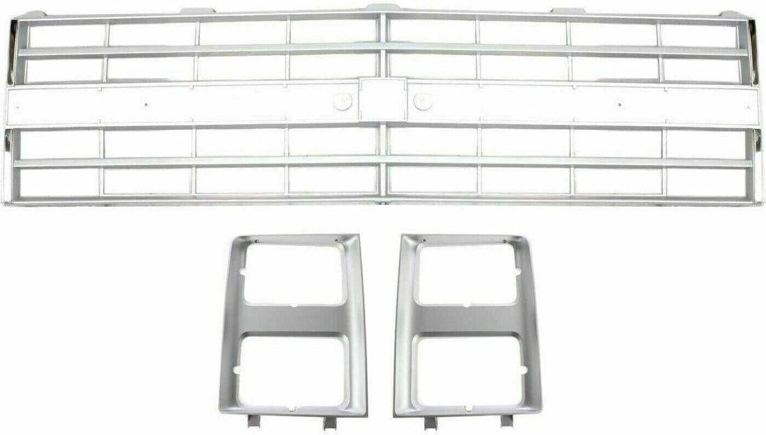 Front Bumper Chrome Without Impact Strip + Grille Silver Shell And Insert + Headlamp Bezels Right & Left Side Direct Replacement Compatible With Chevrolet/GMC C/K-Series 1985-1987